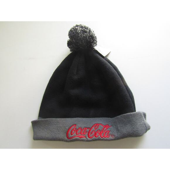 Coca Cola Knit Beanie Hat Black Gray Cuffed Pom Winter Cap One Size - Picture 1 of 5